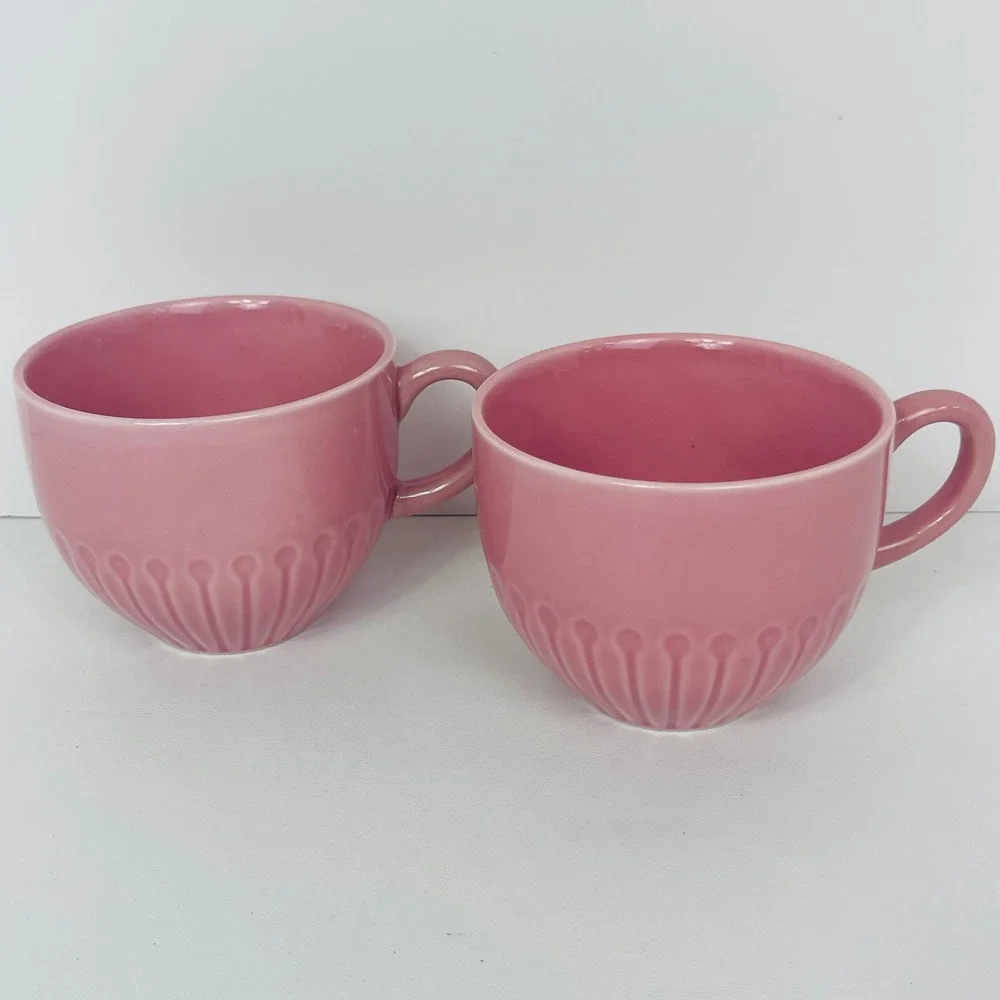IKEA Mug Set 2 Strimmig Pink Embossed Ribbed Stoneware Modern Excellent
